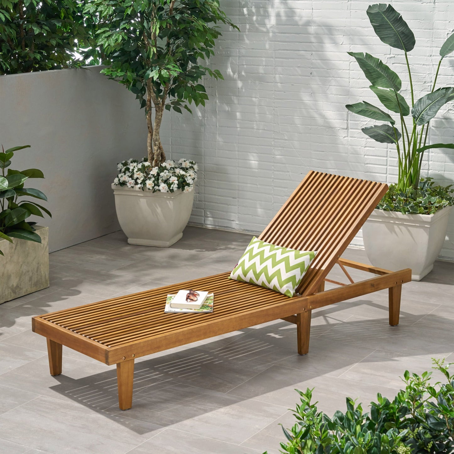 Shihatsusr Adjustable Teak Chaise Lounge - Waterproof Slatted Design, 3-Position Recline for Poolside & Patio, All-Weather Outdoor Lounge Chair